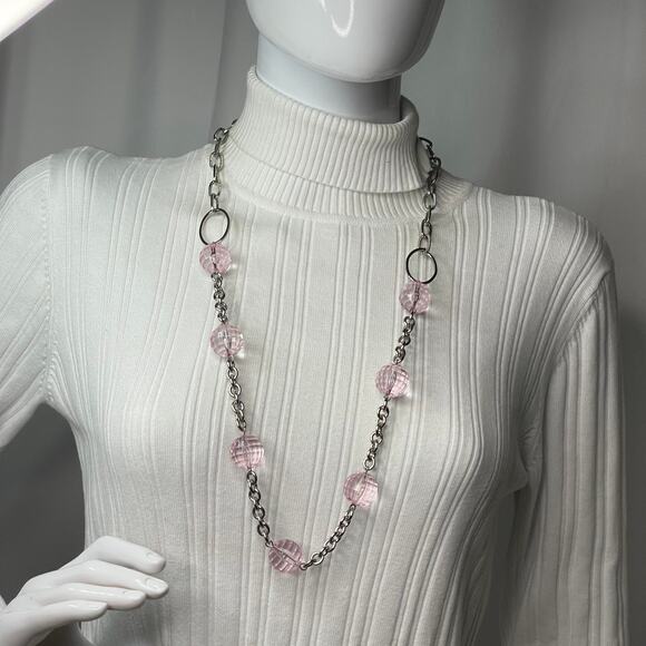 silver tone chunky chain link necklace with faceted pink resin beads jewelry - Picture 8 of 16